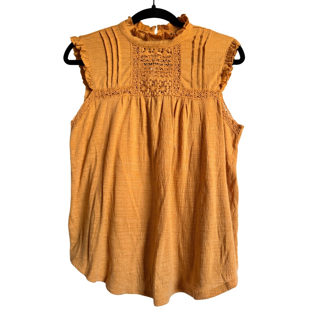 Cable & Gauge Mustard‎ Yellow Crochet Lace Pintuck Ruffle Sleeveless Blouse Med